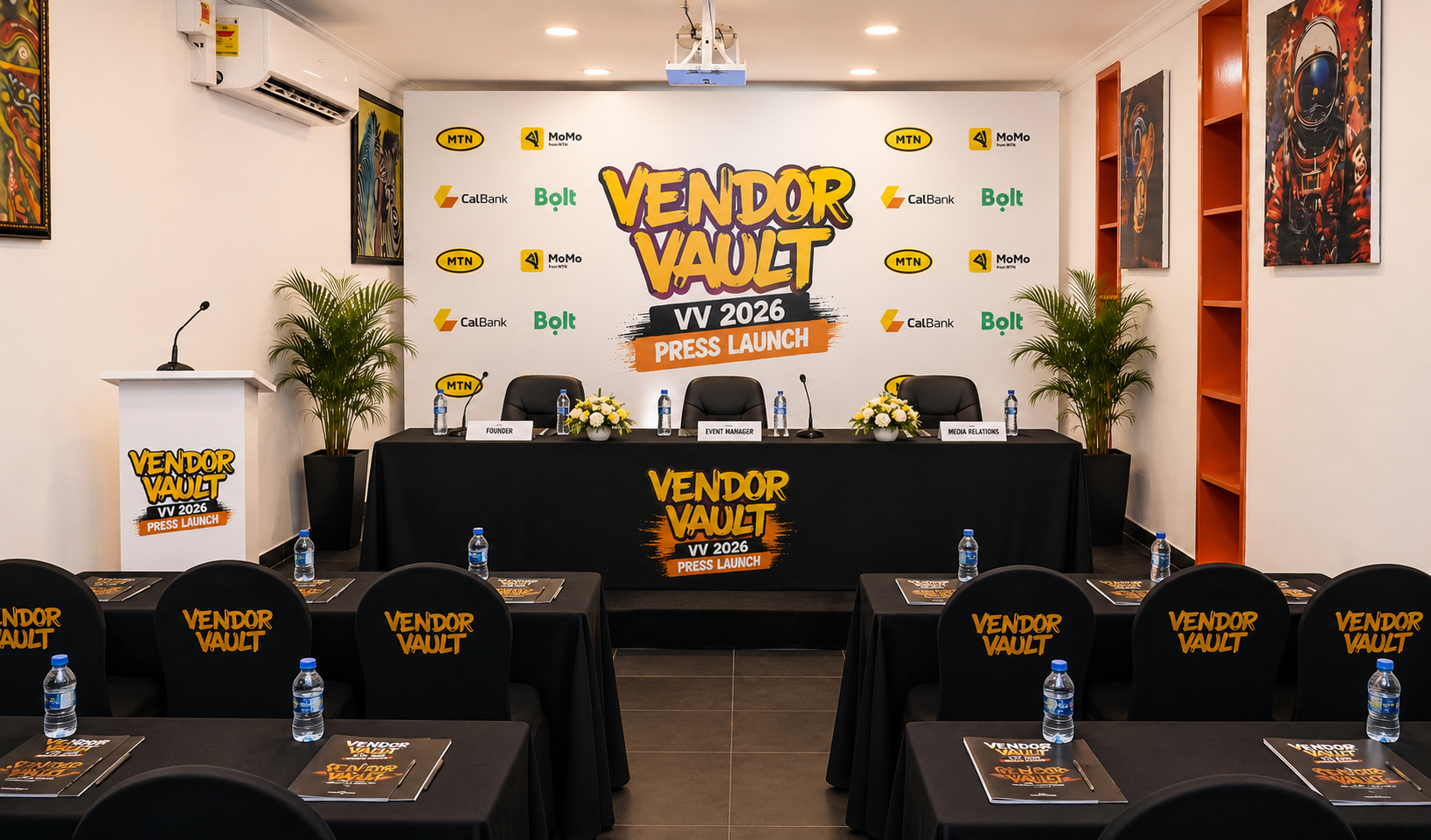 Vendor Vault VV 2026 Press Launch backdrop with MTN MoMo, CalBank, and Bolt sponsor branding